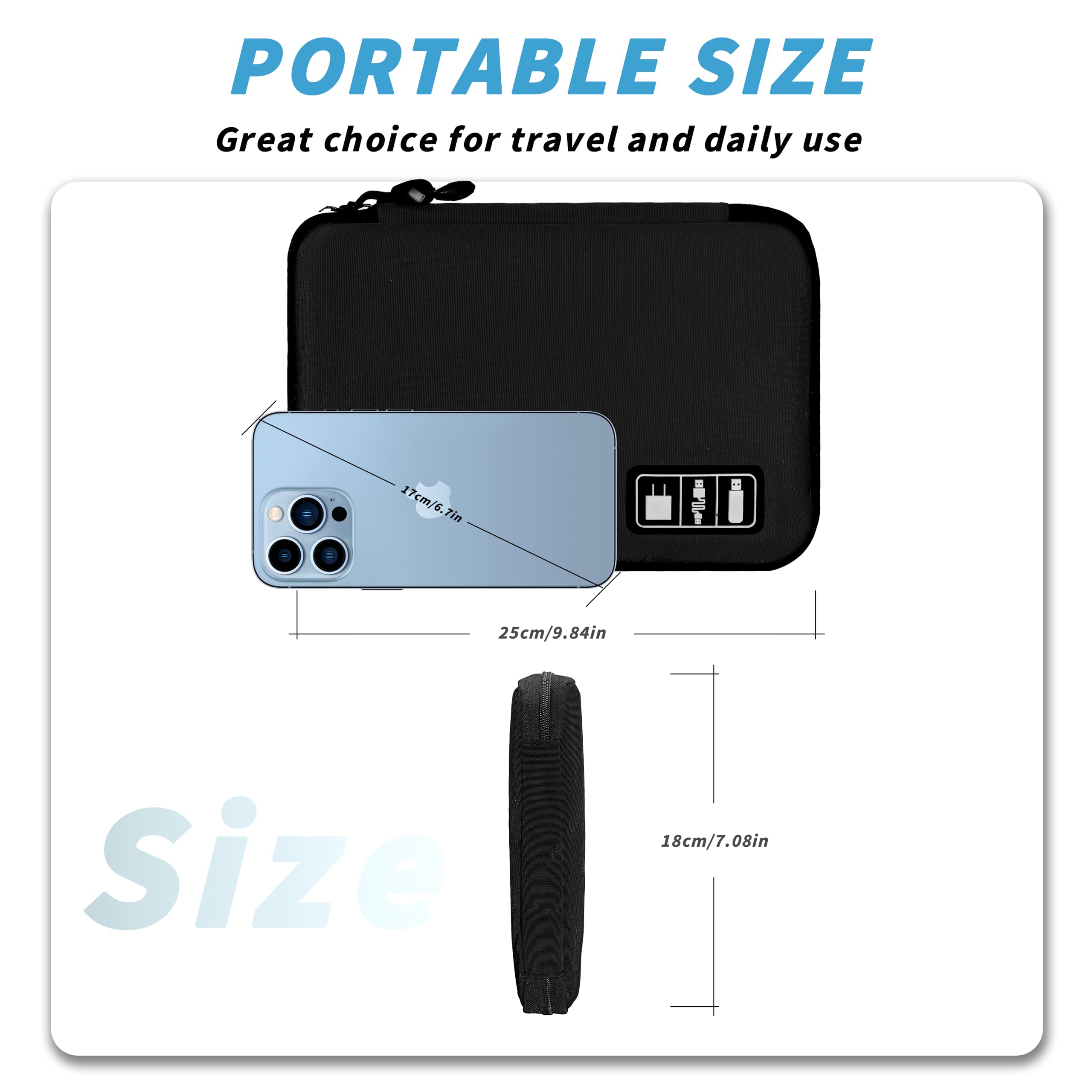 Travel Electronics Organizer Bag — Portable Cable Cord Organizer Pouch for Chargers & Accessories, Black