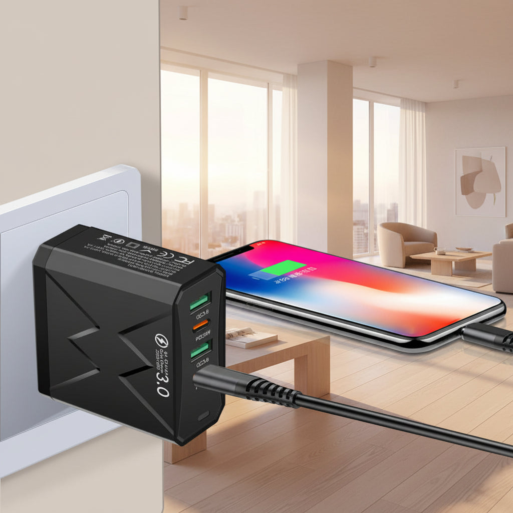 Black 25W high power charger with smartphone showing charging progress on a light blue background